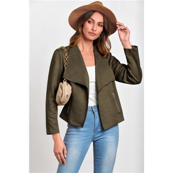 Women’s Faux Suede Jacket –Fall Long Sleeve Cropped Coat - Picture 3 of 7
